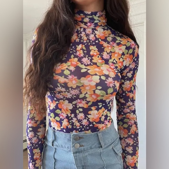 AFRM Zadie Turtleneck Mesh Top Purple/Orange Blossom Sz XL NWT - Picture 2 of 7